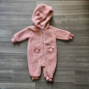 7 For All Mankind Infant Baby Faux Shearling Hooded Pink Coverall Sz 3/6 Mos